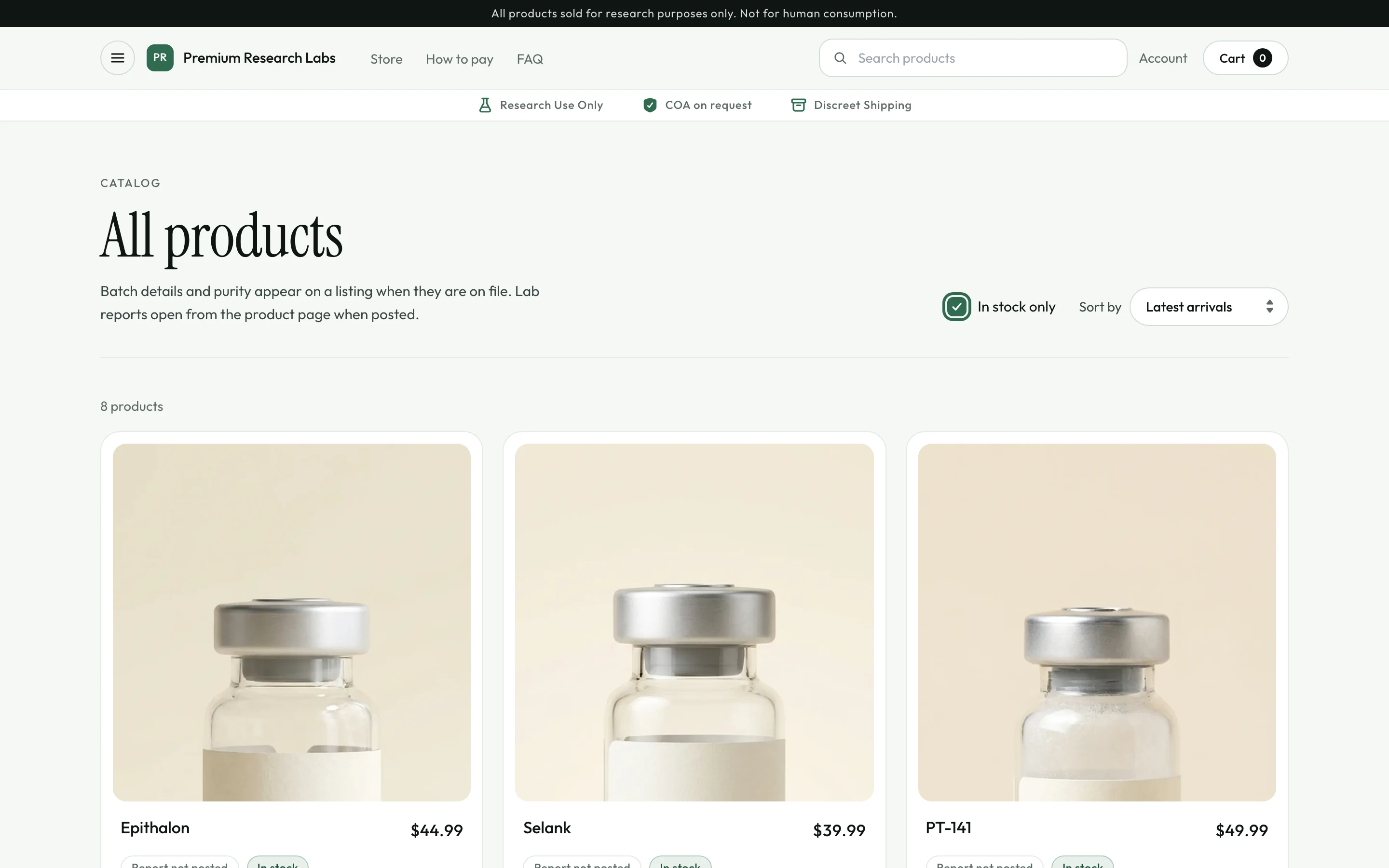 The demo store's catalog: a grid of products with names and prices.