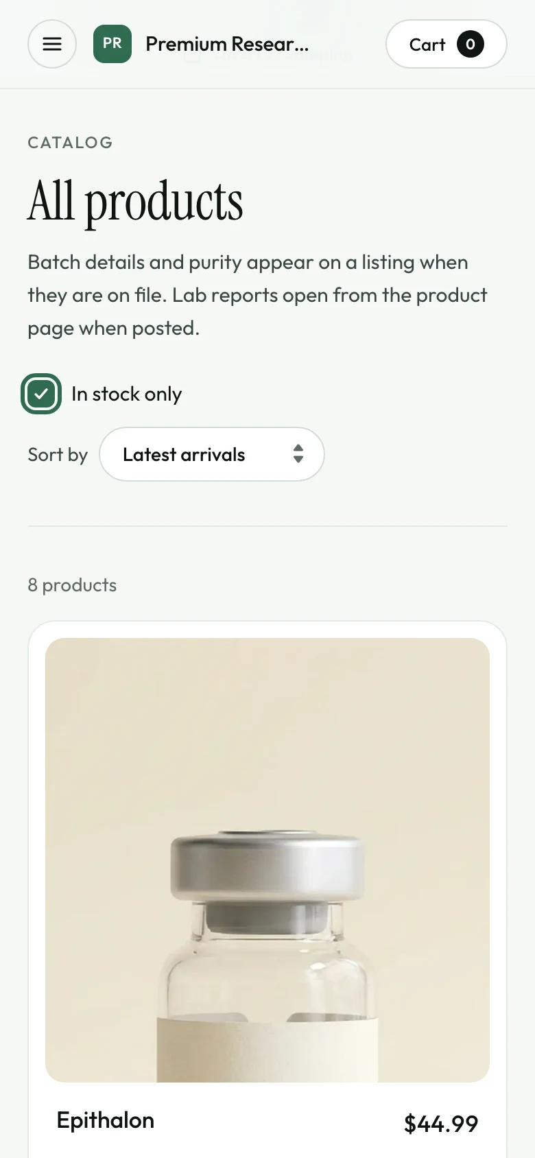 The demo store's catalog: a grid of products with names and prices.