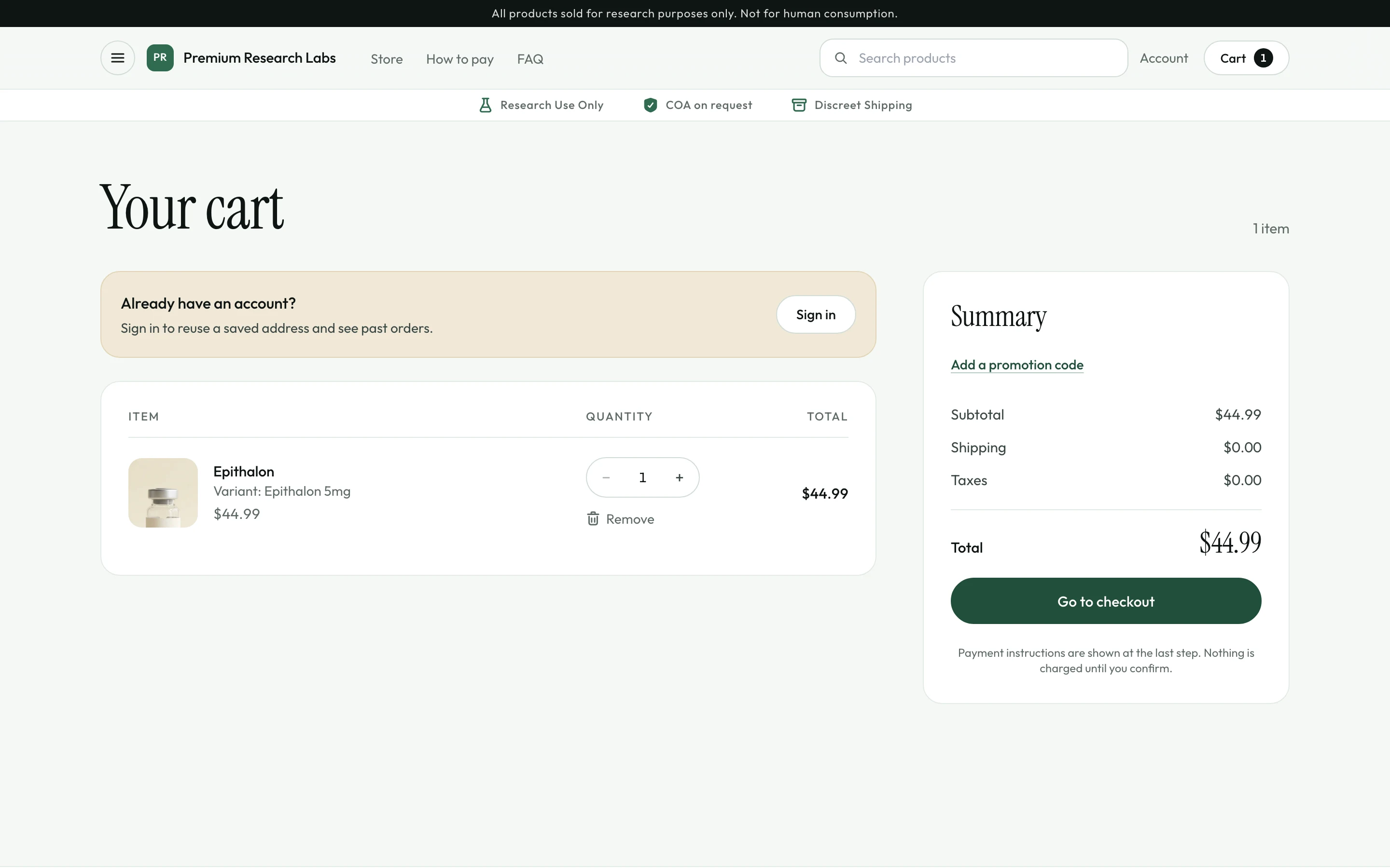 The demo store's cart with one product and an order summary.