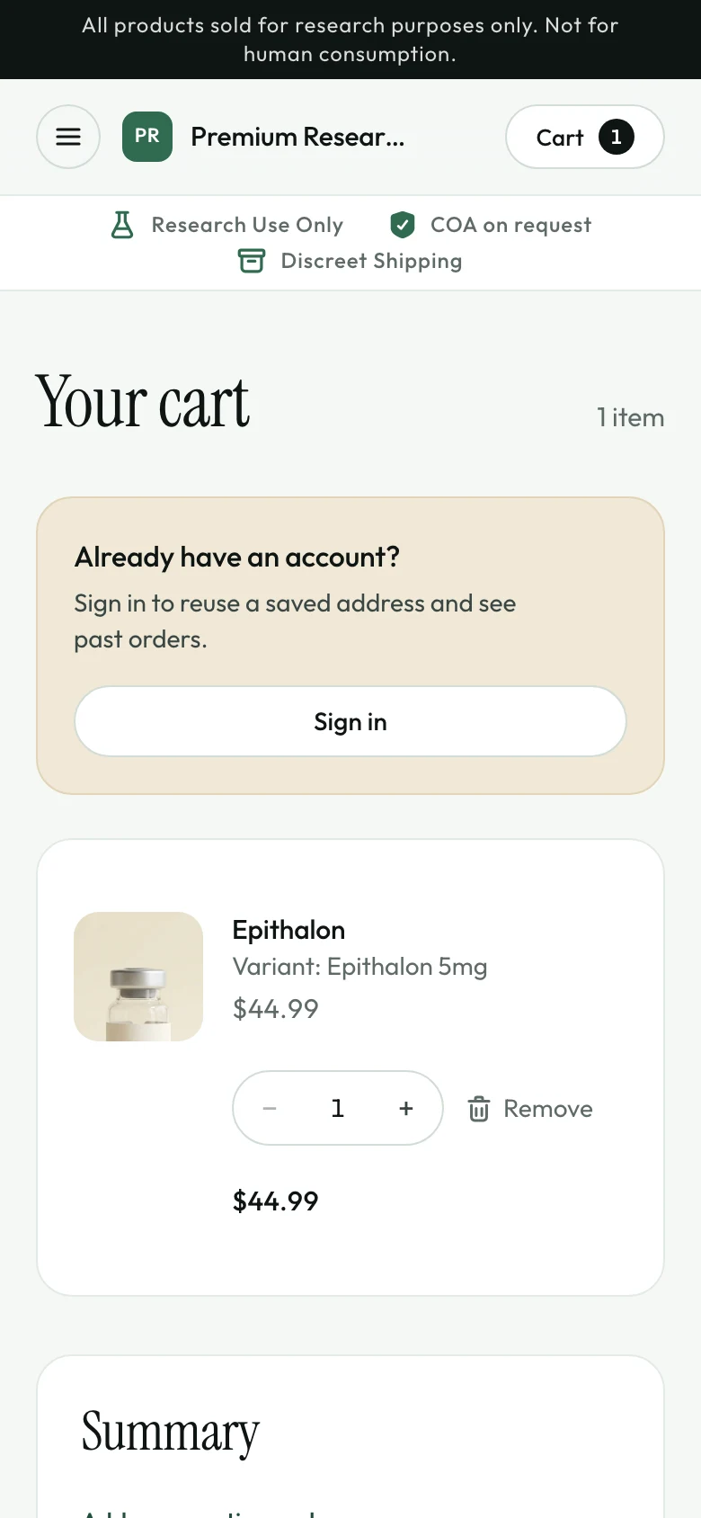 The demo store's cart with one product and an order summary.