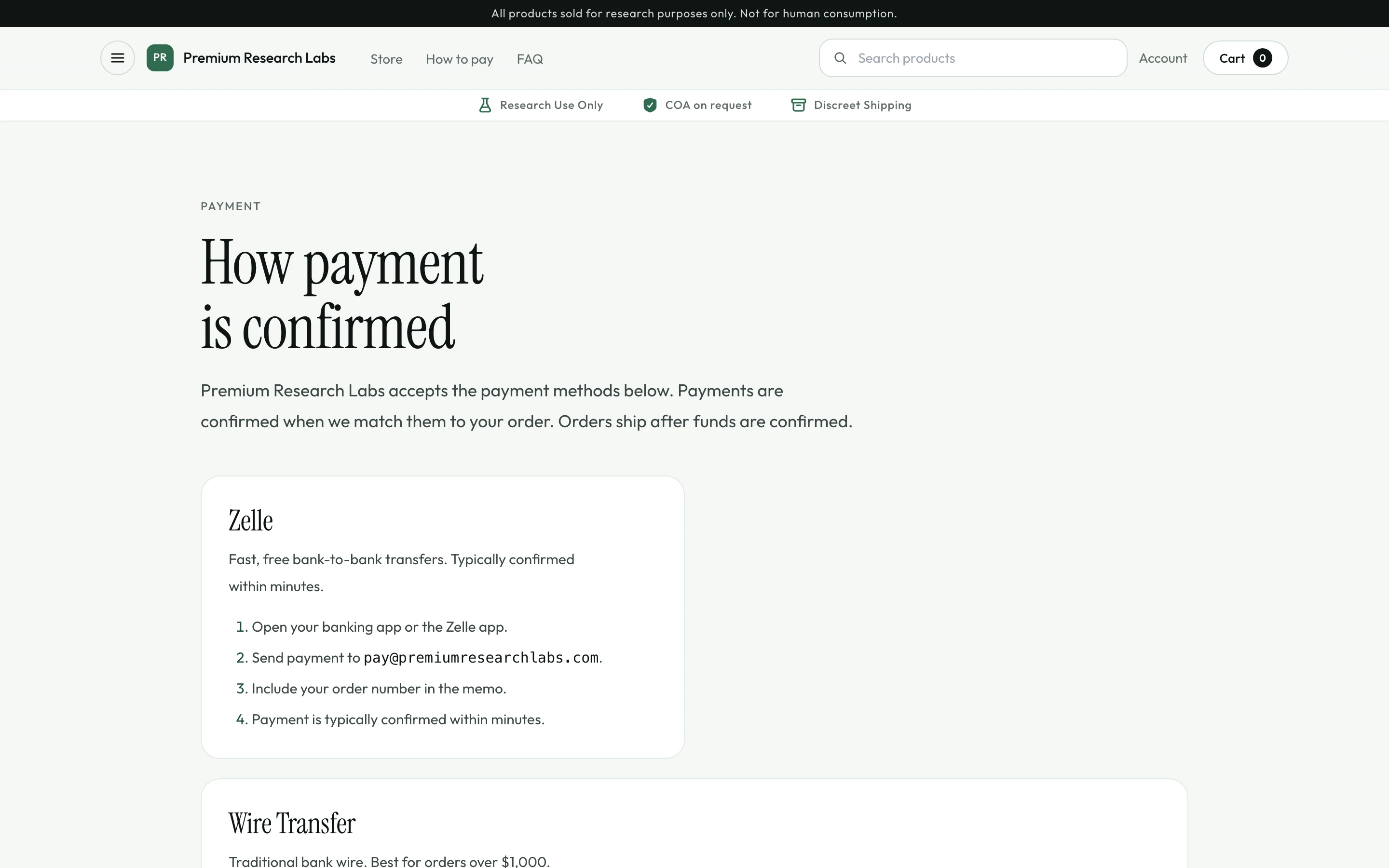 The demo store's payment instructions page.