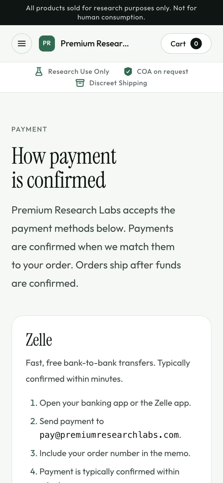 The demo store's payment instructions page.