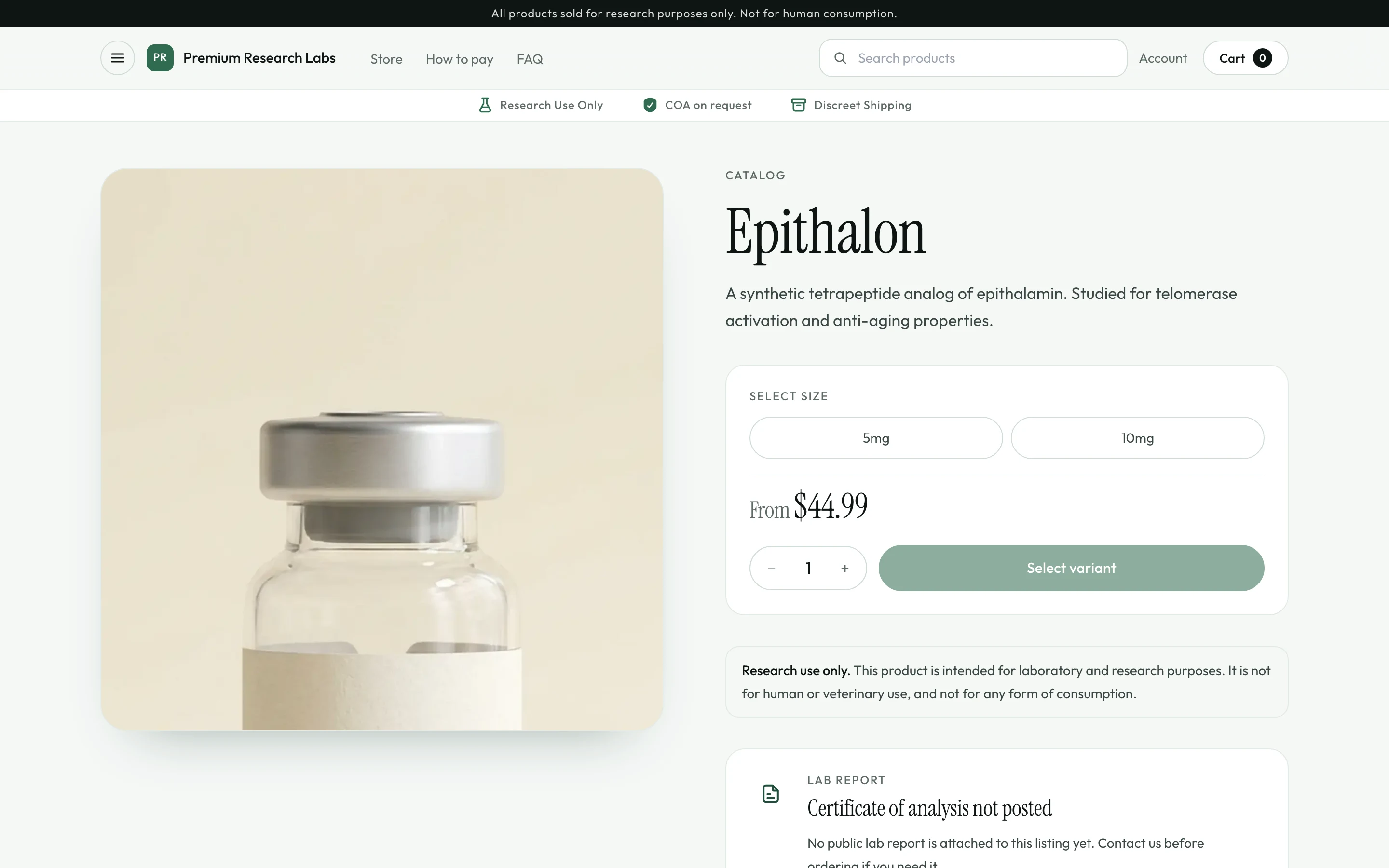 A product page in the demo store: title, description, sizes, price, and add to cart.