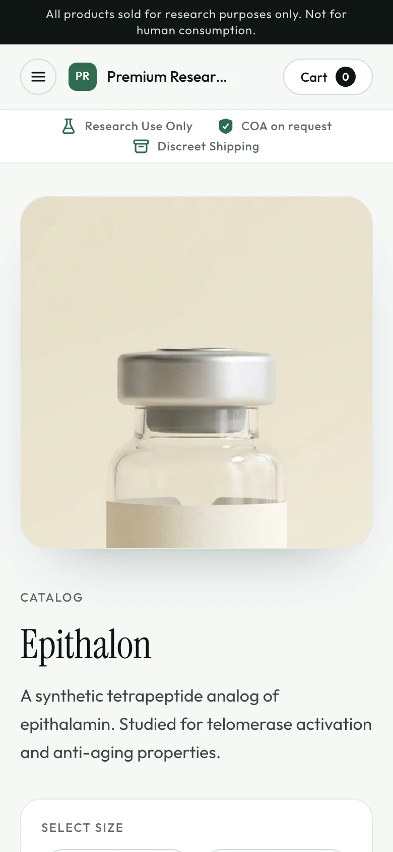 A product page in the demo store: title, description, sizes, price, and add to cart.